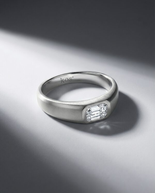 แหวนเพชร Emerald Cut ดีไซน์แนวนอน ตัวเรือนสีเงินขัดด้าน
