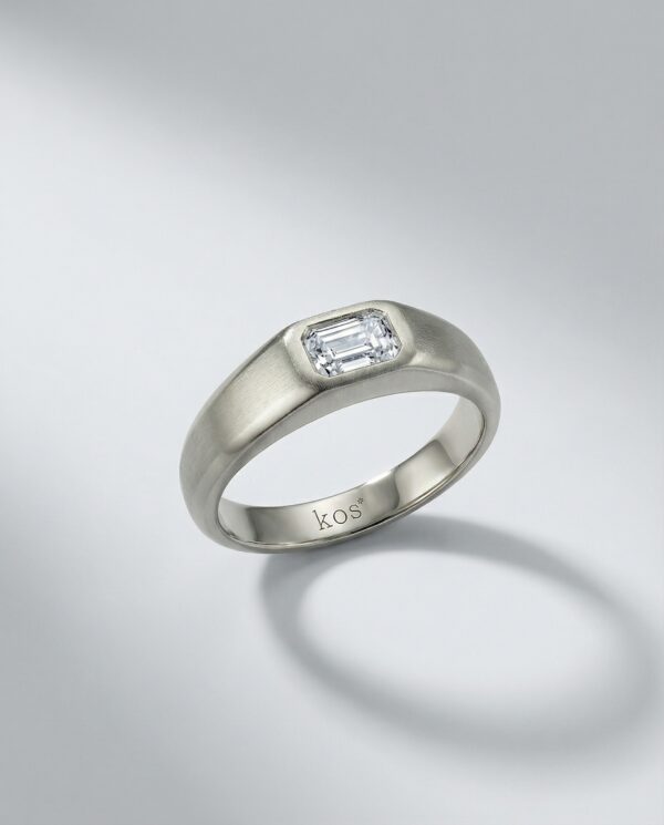 แหวนเพชร Emerald Cut ดีไซน์แนวนอน ตัวเรือนสีเงินขัดด้าน