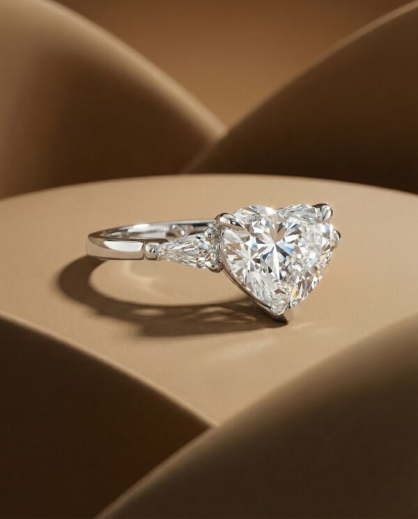 แหวนเพชรหัวใจ ตัวเรือน 3-Stone diamond เพชรข้างเป็น Step Pear Cut