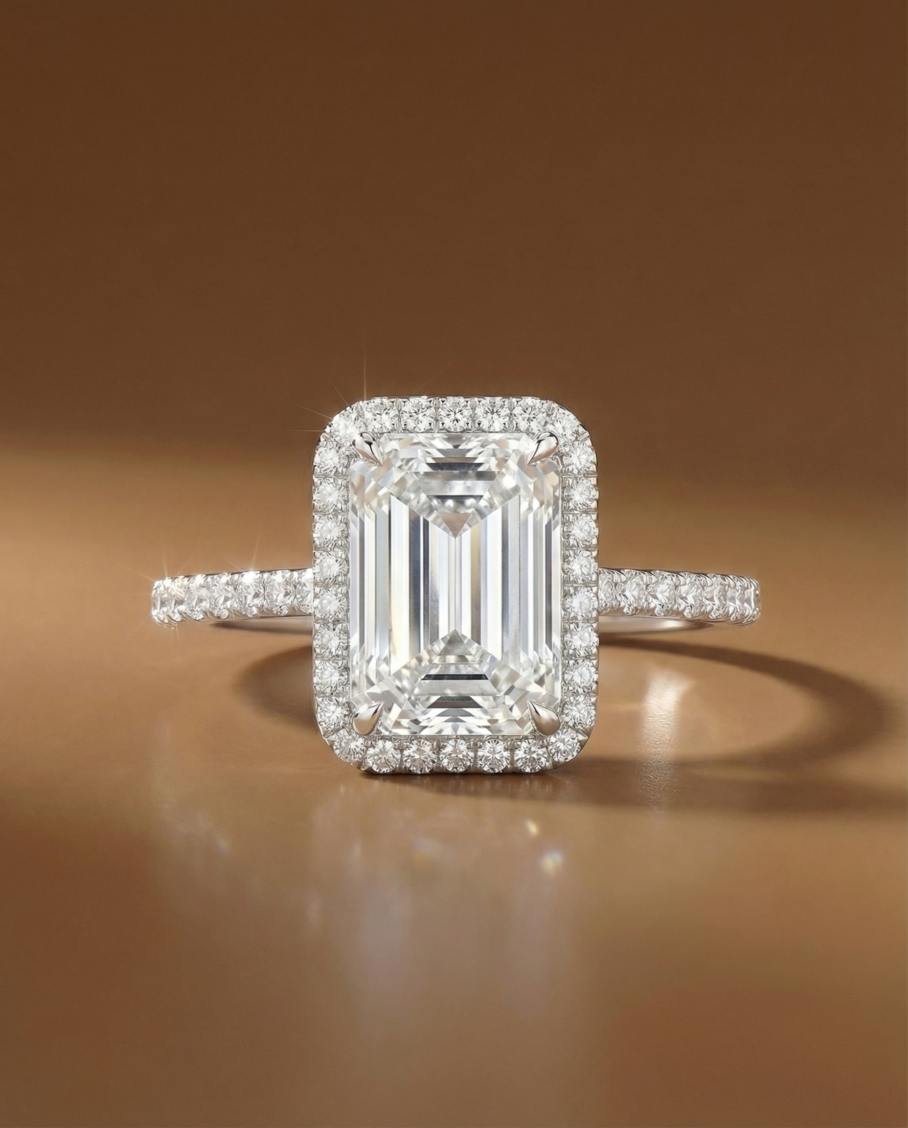 แหวนเพชร Emerald ตัวเรือนเพชรล้อม และเพชรบ่าข้าง