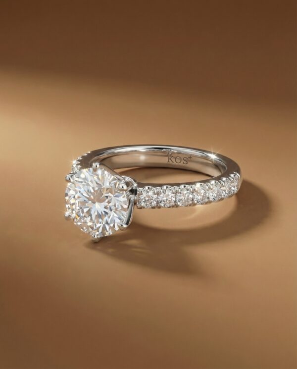 The image showcases a 45-degree, ring placed vertically side profile view showing the basket/setting of this ring luxury studio lighting, soft shadows, premium jewelry campaign style, no rainbow effect on diamond
Use the same ring design and background
ring proportion is 40% of the whole image