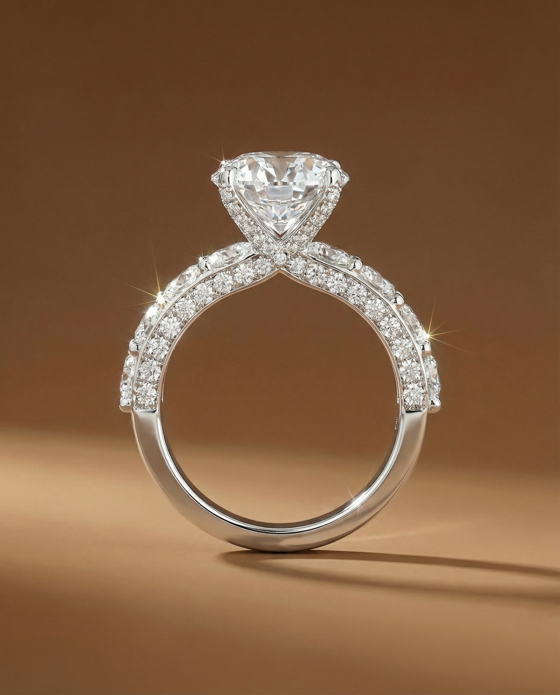 แหวนหมั้นเพชร Starlight Pave & Side-Stone จาก Kos Jewelry, ภาพแหวนหมั้นหรูหราทรงบ่าไขว้ประดับเพชรเม็ดเดี่ยวและเพชร Pave