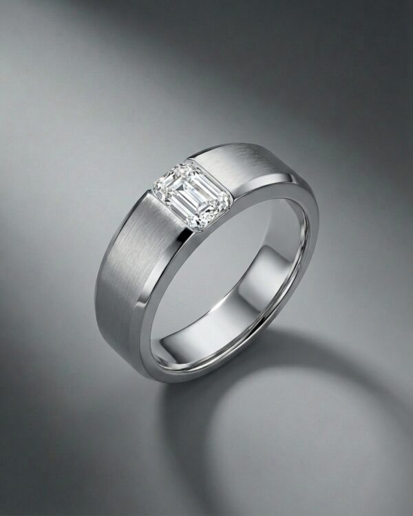 แหวนเพชรชายทรง Emerald-Cut-ตัวเรือนสีเงินขัดด้าน-แบรนด์-kos