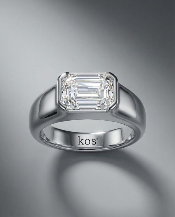 แหวนเพชรชายทรงสี่เหลี่ยม-Emerald-Cut-ตัวเรือนขัดเงาสวยงาม-แบรนด์-kos