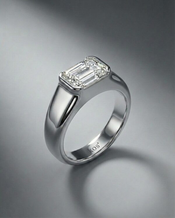 แหวนเพชรชายทรงสี่เหลี่ยม-Emerald-Cut-ตัวเรือนขัดเงาสวยงาม-แบรนด์-kos