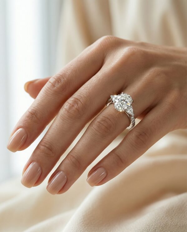 แหวนเพชรรูปไข่-3-เม็ดเรียง-Oval-Three-Stone-Ring-ประดับเพชรข้างทรงสามเหลี่ยม