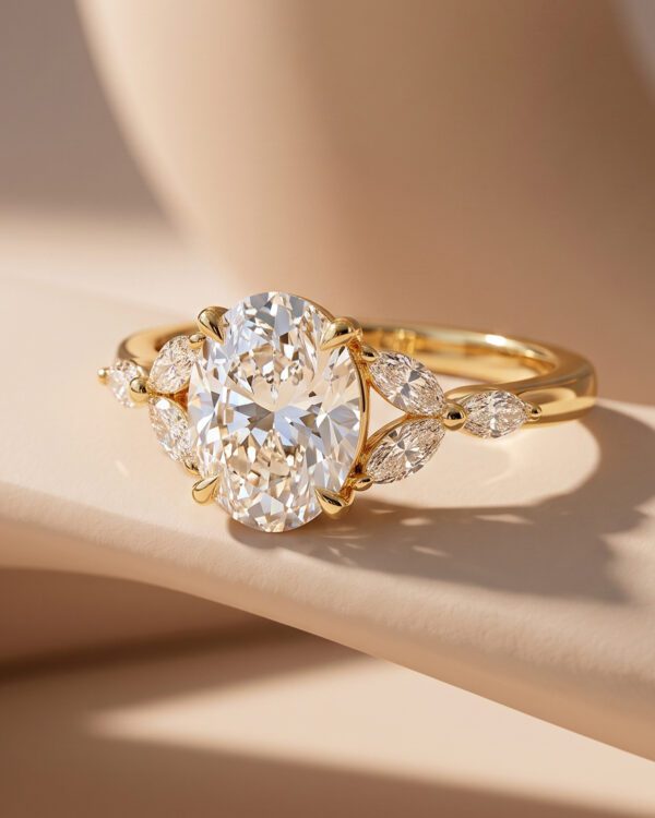 แหวนเพชรทรง Oval ล้อมข้างด้วยเพชร Marquise 3 เม็ดตัวเรือนทองคำ