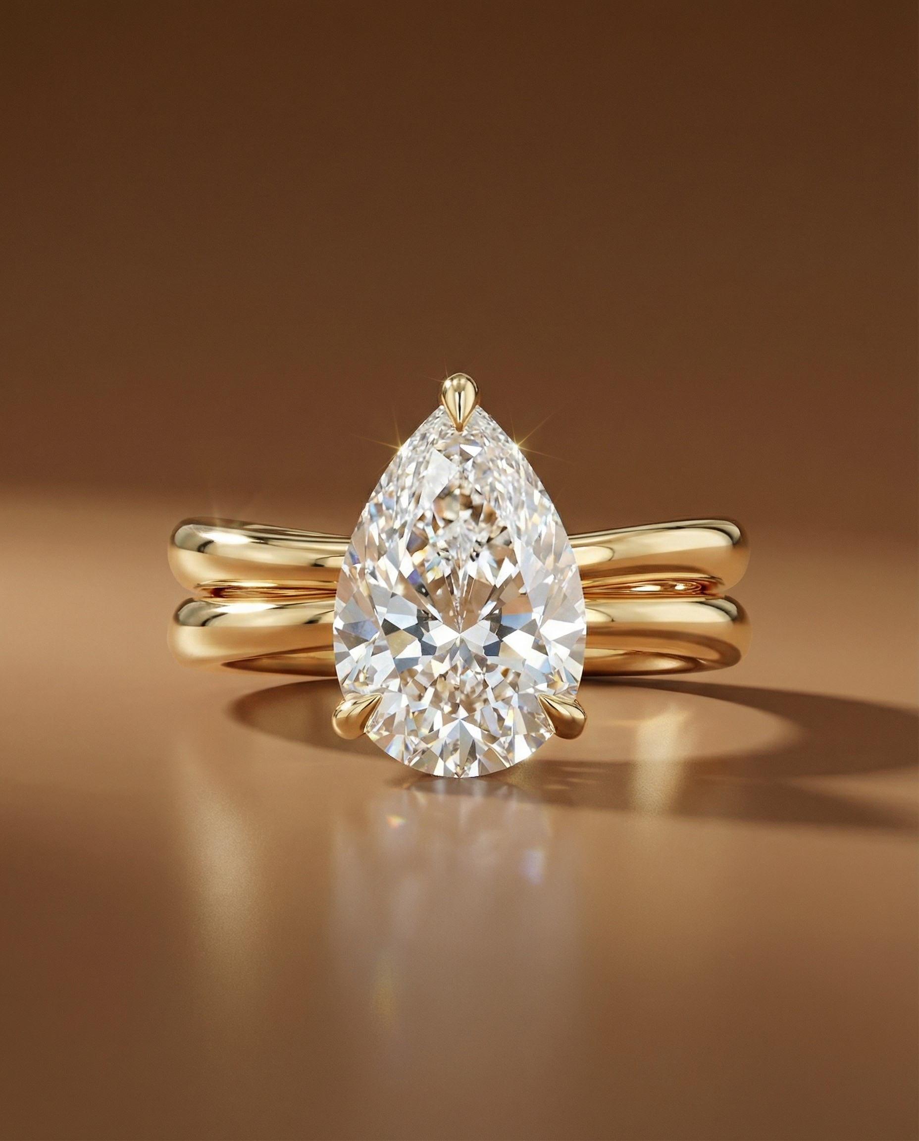 แหวนเพชรแท้-ทรงหยดน้ำ-Pear-Shape-ก้านคู่-Yellow-Gold