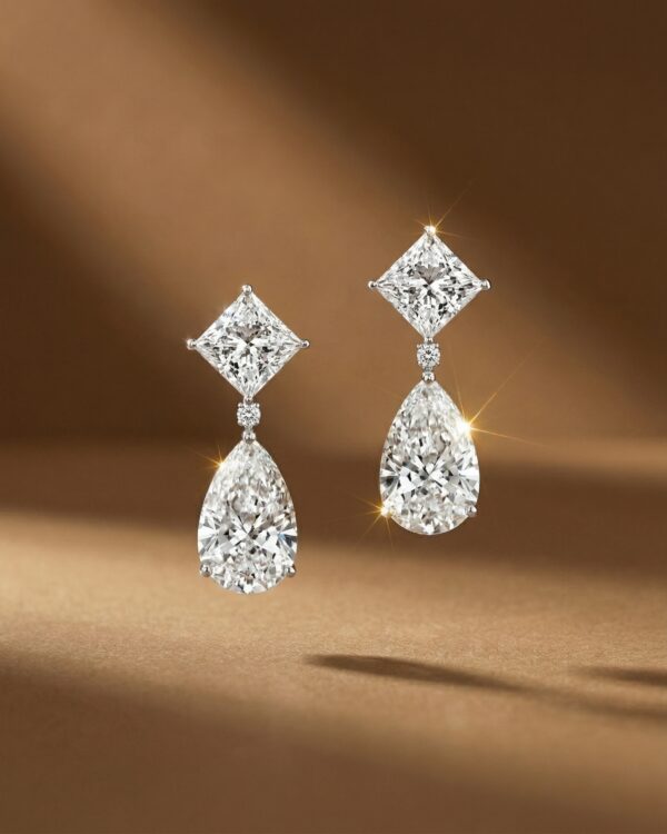 ต่างหูเพชรระย้าทรง Princess Cut และทรงหยดน้ำ Pear Shape